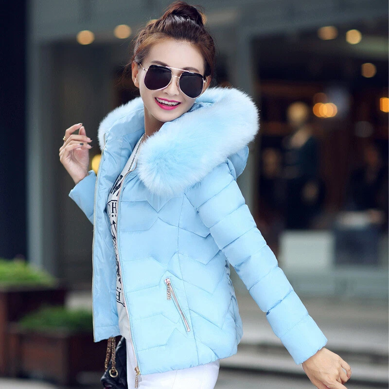 Winter Women Down Cotton Warm Jacket Slim Short Fur Collar Hooded Coat  Parka XL