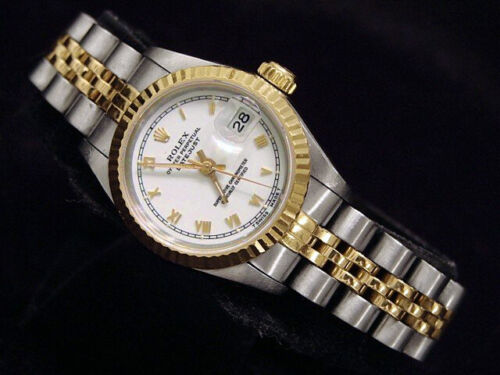 Montre Rolex Datejust pour femme or jaune 18 carats et acier inoxydable blanche romaine 69173 - Photo 1/3