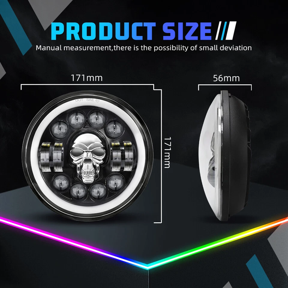 Par de faros LED de 7 pulgadas Halo DRL Skull 7" para camioneta Dodge B100 B150 B200 B300 Foto 4 de 4