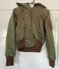 O’neill Womens Hooded Bomber Jacket Hoodie Fur Zip Olive Army Green Surf Vtg Y2k