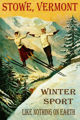 Stowe Vermont Winter Sport Couple Ski Jumping USA Vintage Poster Repro FREE S/H