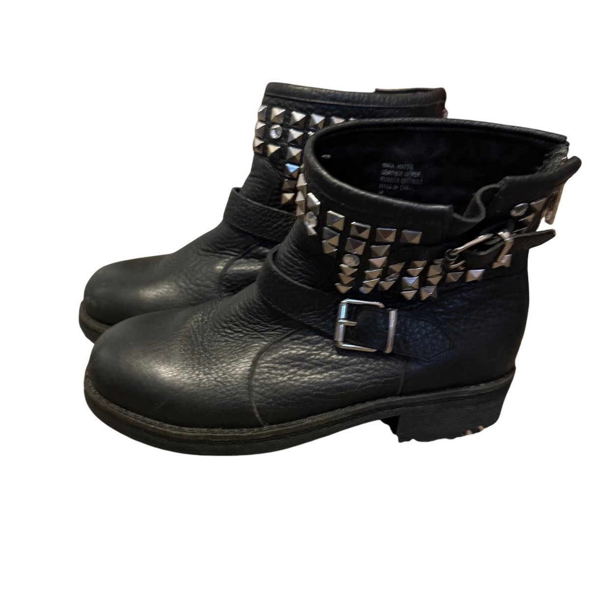 Ash Black Mira Hattie Leather Studded Rhinestone Biker Boots Womens Size 34  US4