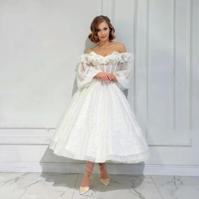 Shiny Short Wedding Dress Off Shoulder Tea Length Puff Sleeve Beach Bridal  Gowns | eBay