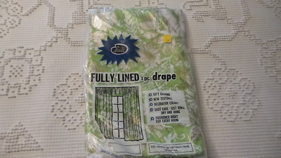 Vintage Plastic DRAPES, 3-Pc, White & Gold Floral on Lime Green, 36''x87'' Panels