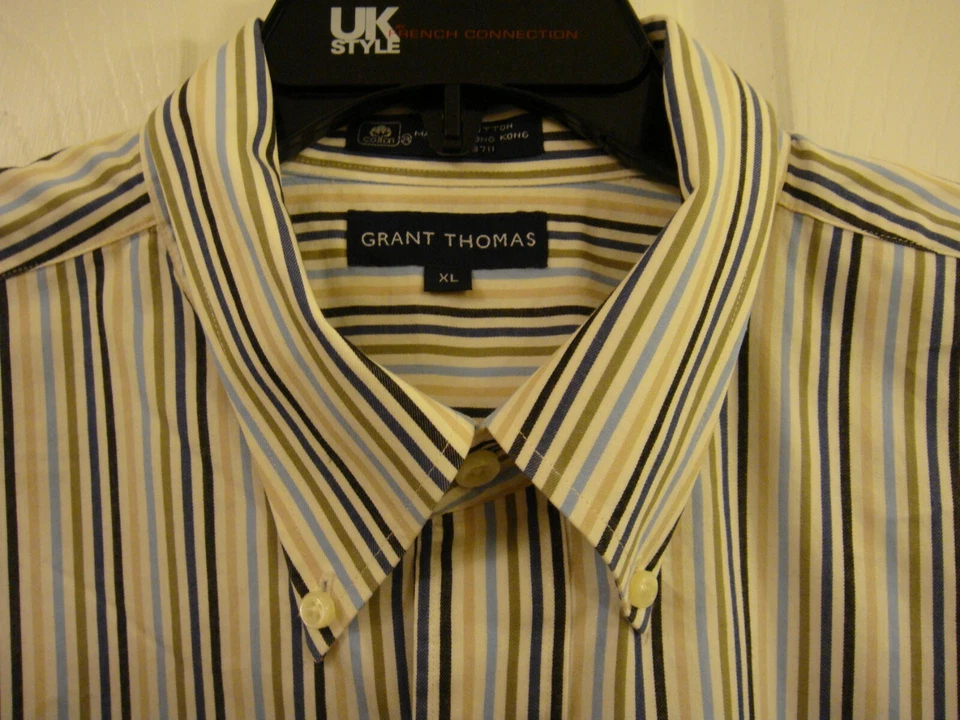 男式 Grant Thomas 蓝色条纹棉纽扣长袖礼服衬衫 XL 码 — 第 3/4 张图片