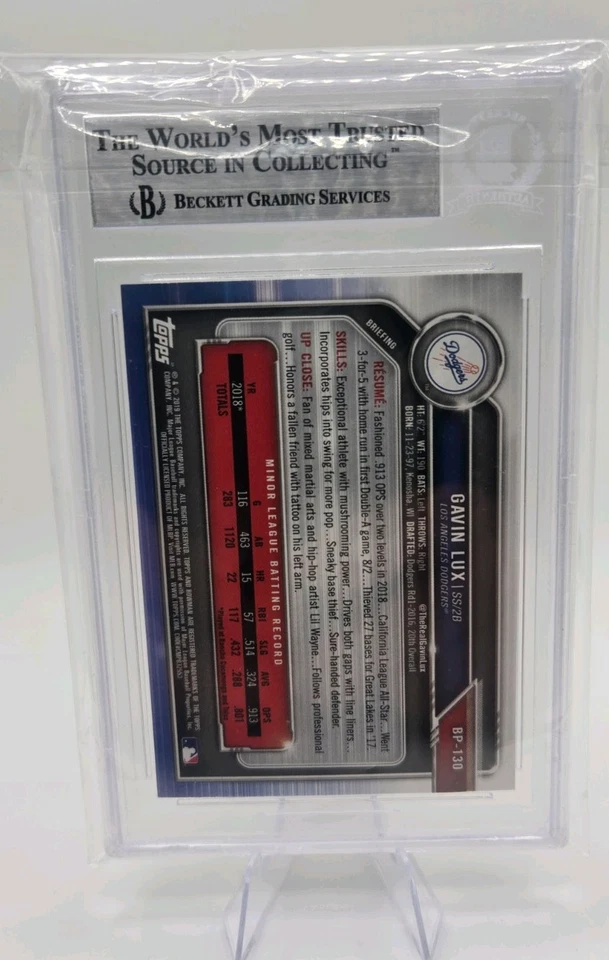 Gavin Lux Beckett COA Signed 2019 Bowman Chrome Prospects Rookie Autograph - Image 2 of 2