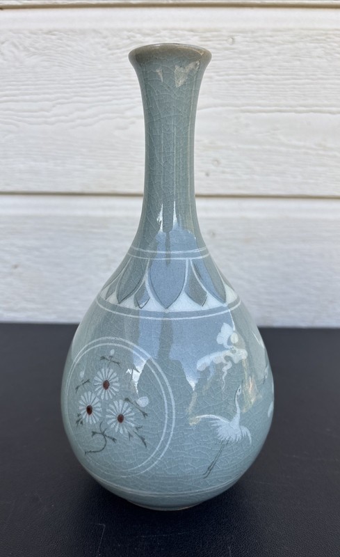Celadon Korean Vase Flying Crane Medallion, Vintage, Crackled, Signed, 9”