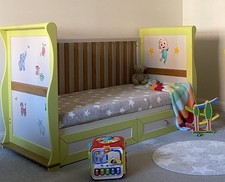 East Coast Oak Sleigh Cot Bed for Mattress 140x70cm with under bed drawer