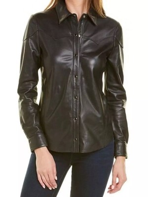 Damen Echt Lammleder Leder Hemd Slim Fit Druckknopf Schwarz Langarm Hemd