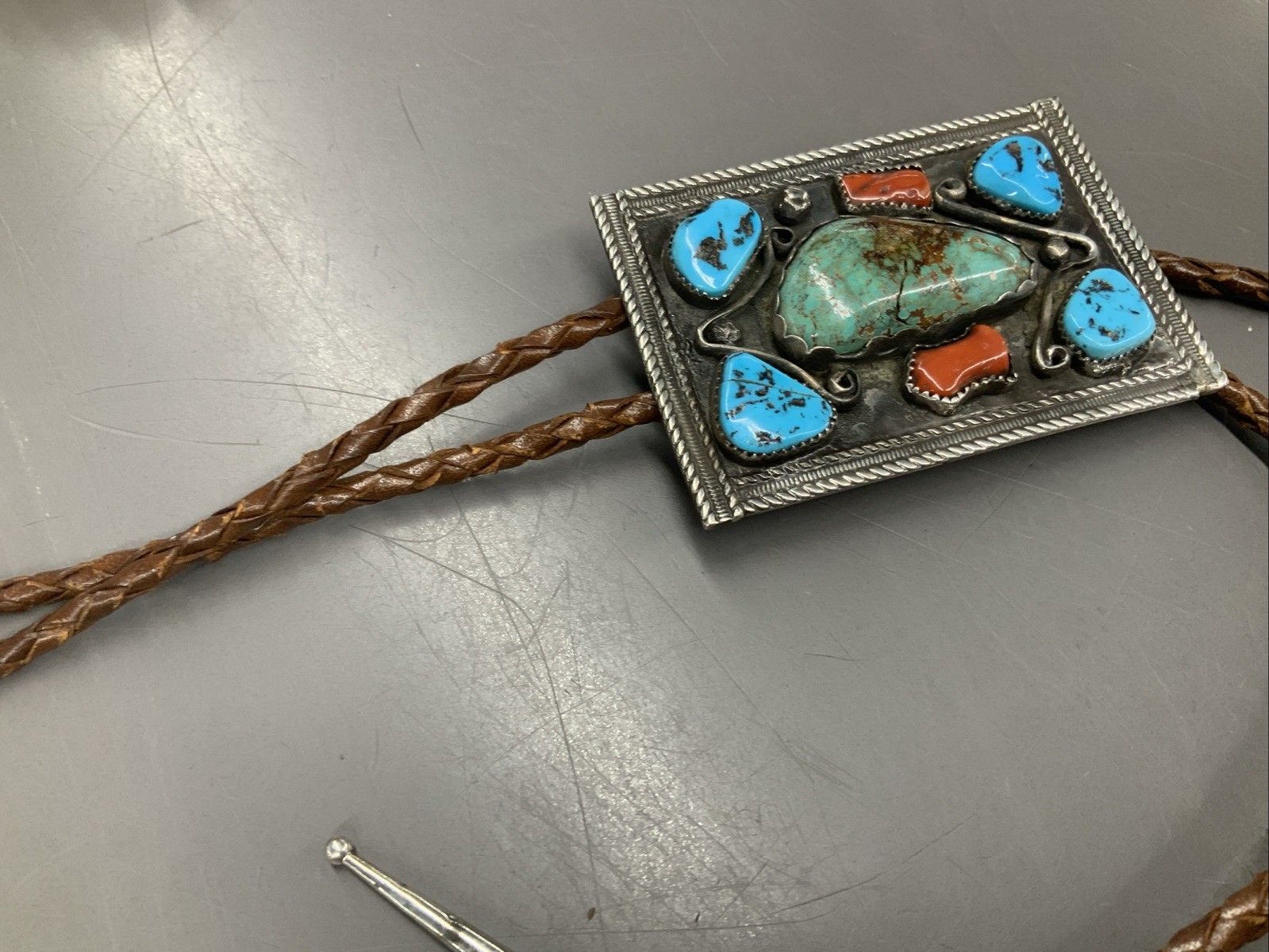 SOLID STERLING SILVER Bolo Tie Turquoise Old Pawn… - image 7