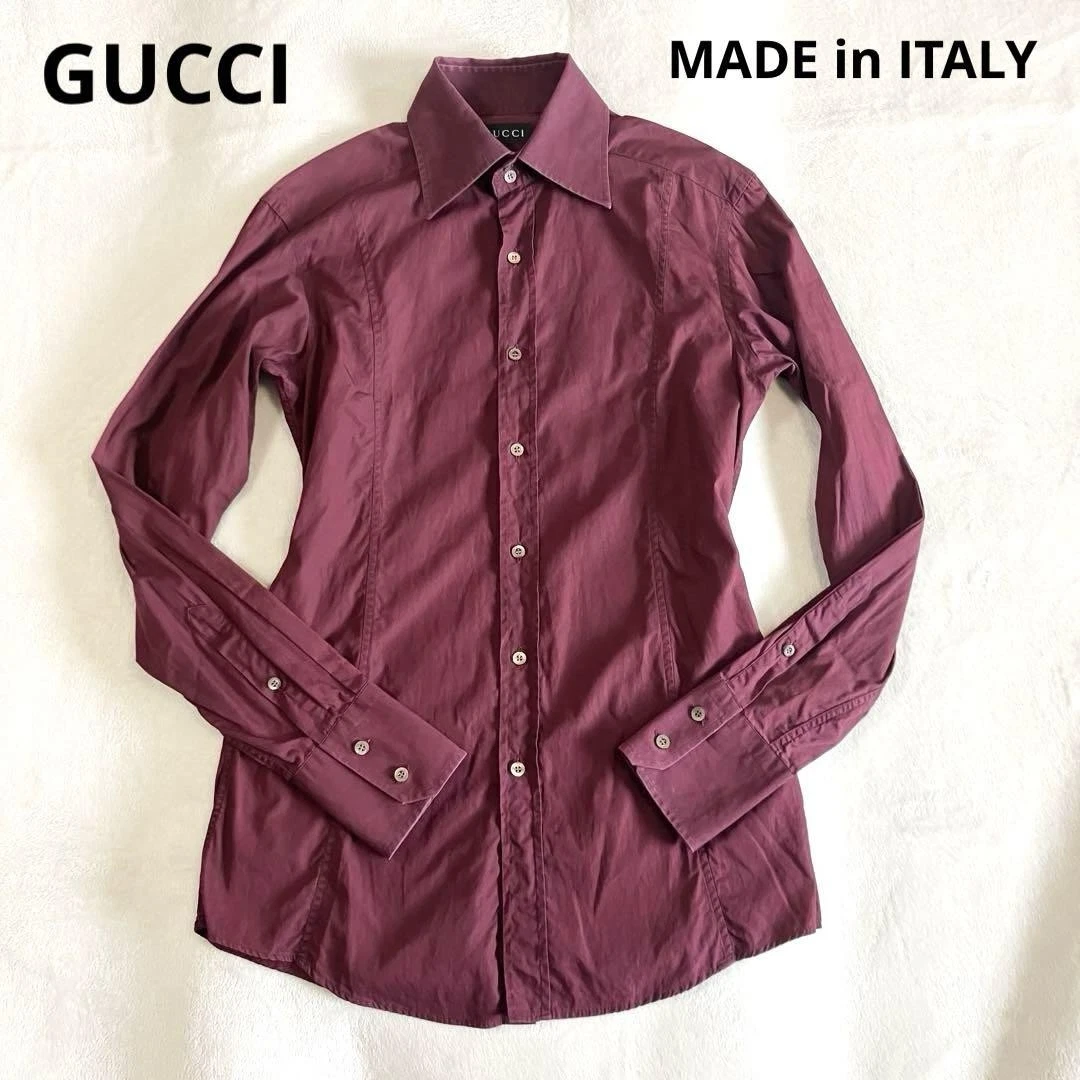 L Size Made In Italy Gucci Burgundy Wide Collar Dress Shirt L