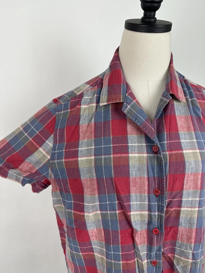 Vintage 90s Plaid Shirt Womens Large Woven Linen Cotton Blend Boxy Minimalist - Image 2 of 4