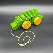 Vintage Wooden Alligator Crocodile Pull Toy Green Yellow Plan Toys Retro As Is