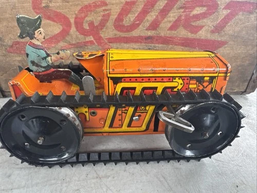 MARX Tin Windup Climbing Farm Tractor, Orange