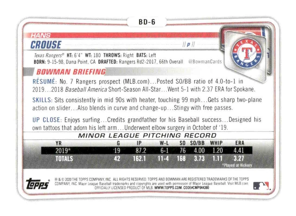 2020 Bowman Draft #BD-6 Hans Crouse 1st Edition - Image 2 of 2