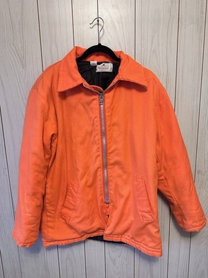 Vintage Mens Large L Blaze Orange Quilted Lined Full Zip Hunting Jacket Coat VTG