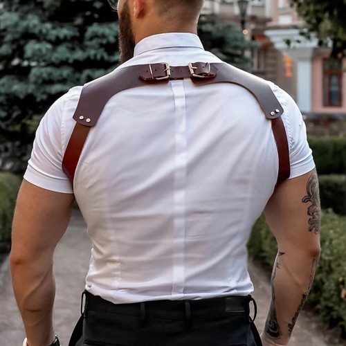 Brown Vintage Leather Suspenders Braces Shoulder Strap Belt Harness for Men O6M3 - Picture 5 of 9