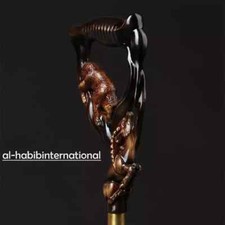 Hand craved bear & gazelle handle wooden walking cane walking stick best gift