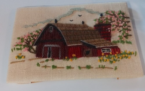 Vintage Jiffy Sunset Stitchery Crewel Spring Barn #780 Completed 5"x7" - Picture 2 of 5