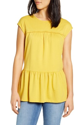 Caslon Womens Medium Peplum Shirt  Cap Sleeve Tunic Top Yellow Nordstrom NEW 603