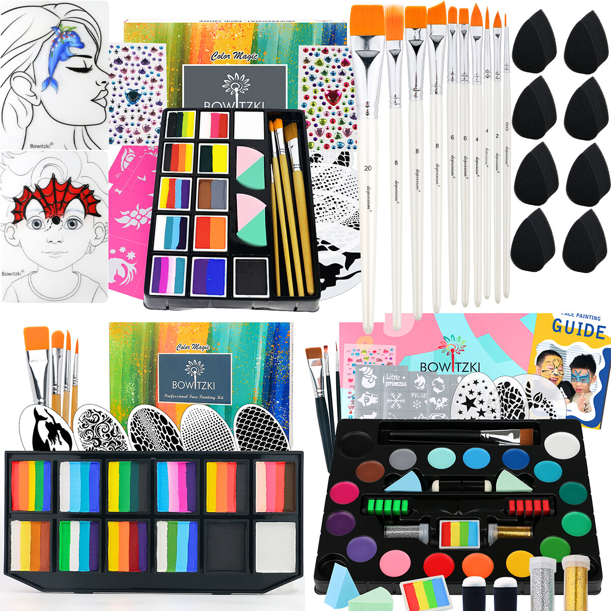 Bowitzki Face Paint Full Kit Split Cakes Palette Water Based Practice Boards Set