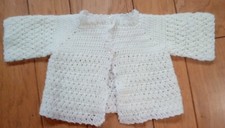 Handmade Crochet Infant/Baby Sweater - 0-6M White Cardigan with Trim Buttons