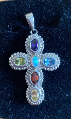925 Sterling Silver Cross Six Multi Color Stones Pendant | eBay