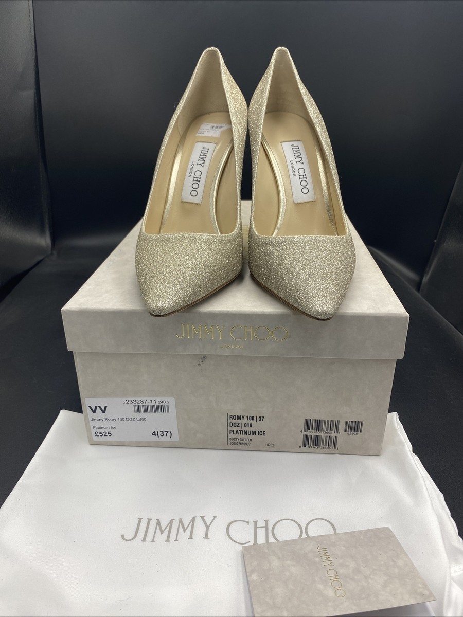 Jimmy Choo Romy 100 Platinum Dusty Ice Silver Glitter Heels Uk 4 