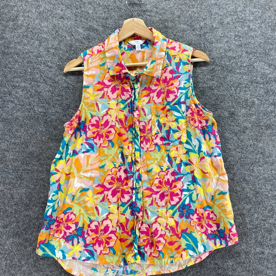 Camisa Time And Tru Mujer M Mediana Naranja Floral Abotonada Cuello Lino Informal Foto 3 de 4