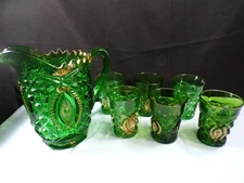 Northwood Green Glass Memphis Water Set Pitcher & 6 Tumblers