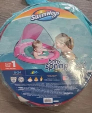 Baby Pool Float SwimWays Sun Canopy Ages 9-24 Months 50+UPF Pink & Teal