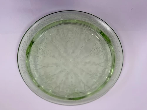 Vintage Green Depression Glass Cake Stand Unmarked Etched Round Footed Plate