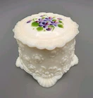 VTG Fostoria Jenny Lind Floral Embossed Hand Painted Milk Glass Trinket Jar