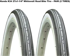Kenda K34 27 x 1-1/4" White Wall Road Bike Tires, Wire Bead - Pair (2 Tires)