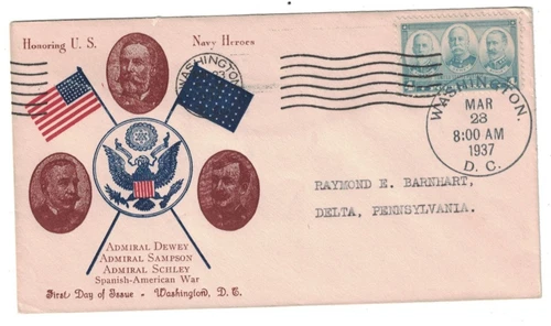 1937 FDC HONORING SPANISH AMERICAN WAR NAVY HEROES DEWEY SAMPSON SCHLEY CACHET