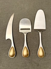 3 Pc Dansk Torun Brass Serving Pieces, Teardrop Stainless Cheese Knife Cake Pie