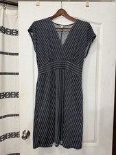 Cato Navy Pinstripe Faux Wrap Dress Large Cap Sleeve Stretch Knit Fit Flare 