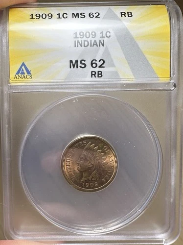 1909 1c Indian Head Cent Penny ANACS MS 62 RB RED BROWN SCARCE CONDITION