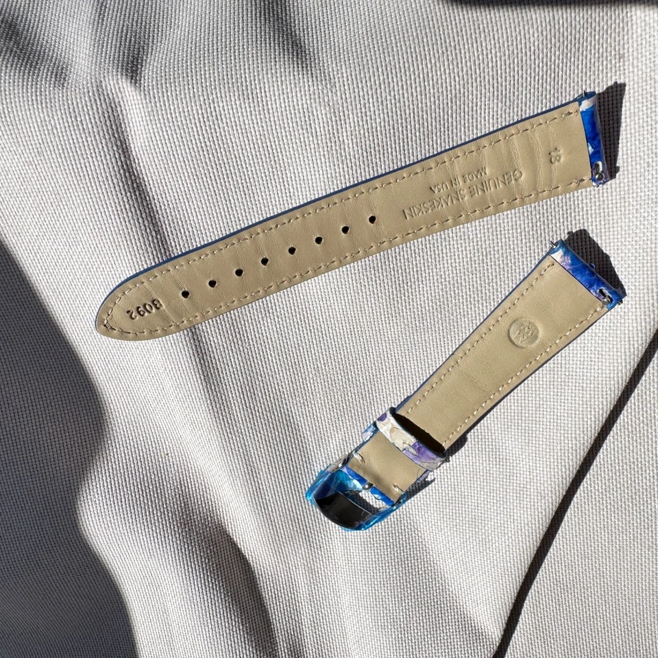 Correa de reloj michele plata y azul piel de serpiente 18MM Foto 2 de 3