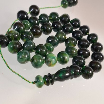 Amber Rosary   33 Oval Beads, 13 mm, Dark Green Amber Rosary Pressed amber 52g