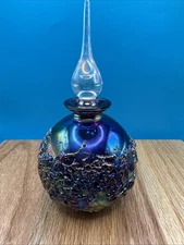 Lovely Vintage Hand Blown Art Glass Rainbow Iridescent Perfume Bottle W/ Stopper