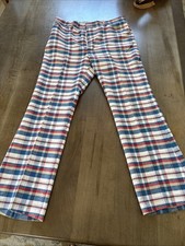 Vintage 70s Flare Leg Knit Pants, blue/red/tan plaid, 32x30 full pockets