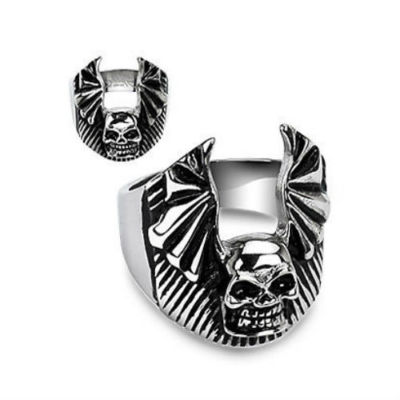 BAGUE CHEVALIERE HOMME ACIER CRANE TETE DE MORT AILE BIKER