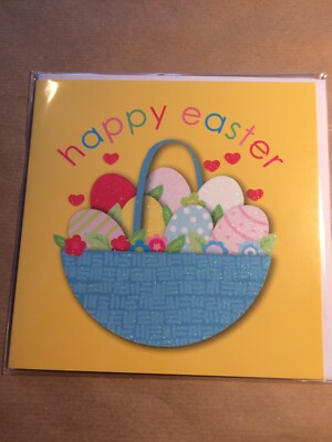FROHE OSTERN Karte, Korb mit Eiern, teilweise Glitzer, Herzen, fröhlich, bunt