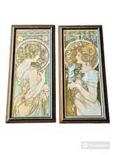 Antique Vintage Alphonse Mucha Feather Primrose Art Nouveau Prints Framed 70s?