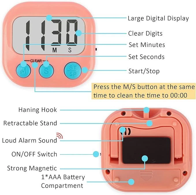 Large LCD Digital Kitchen Cooking Timer Count Down Up Clock Loud Alarm Magnetic - Image 4 of 4