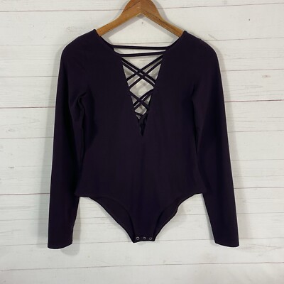 Chaser Womens Long Sleeve Bodysuit Sz Large Purple Criss Cross Neckline