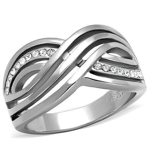 Stainless steel Clear CZ Crystal 316 Swirl Knot Wide Band Fashion Ring - Picture 1 of 3