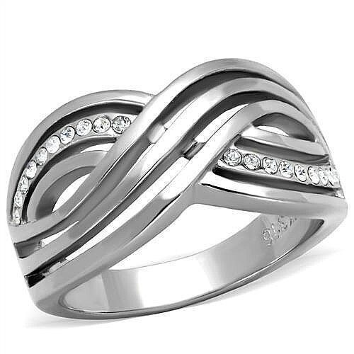 Stainless steel Clear CZ Crystal 316 Swirl Knot Wide Band Fashion Ring - Picture 1 of 4