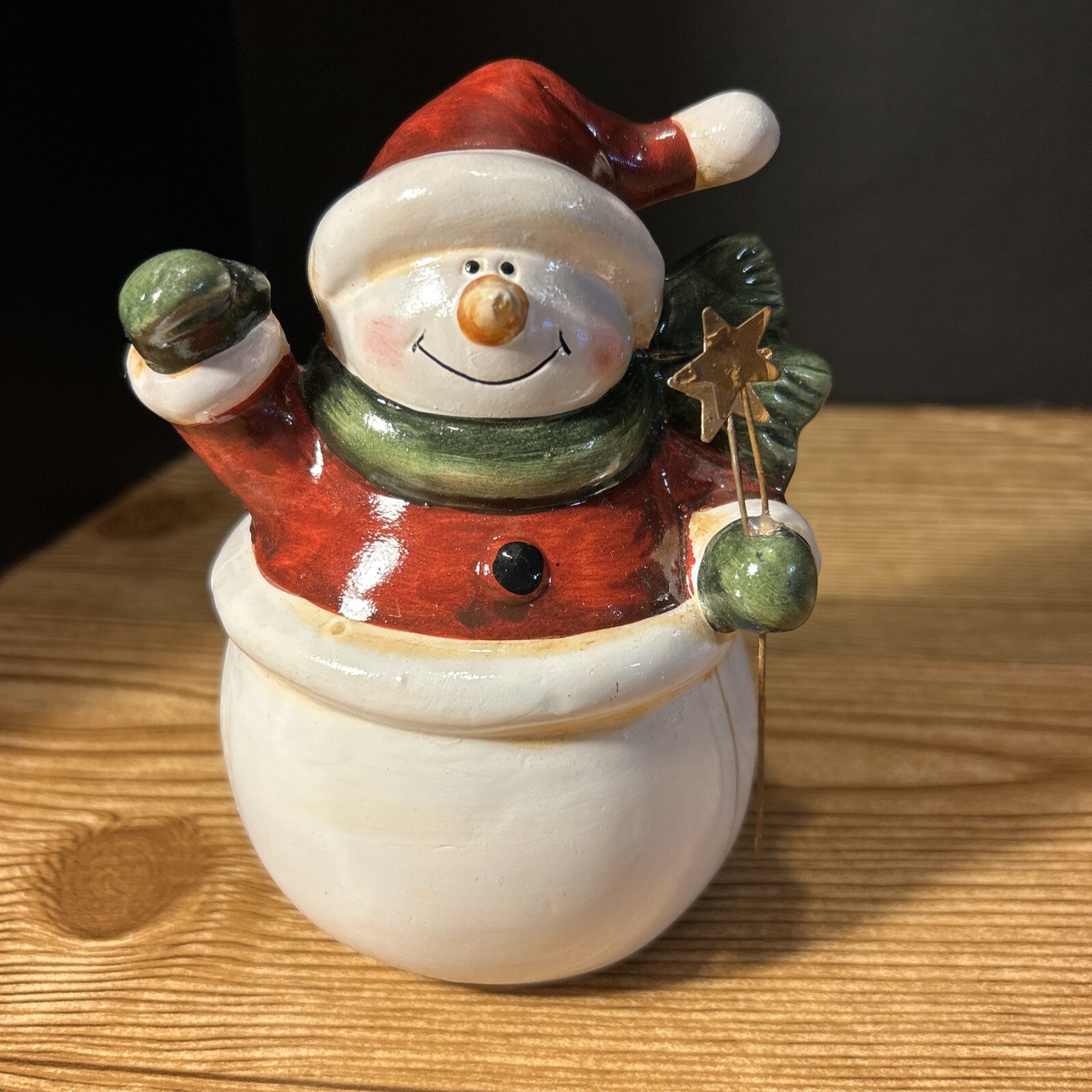 Glazed Pottery Snowman Statue 6” Tall Rustic Winter Decor